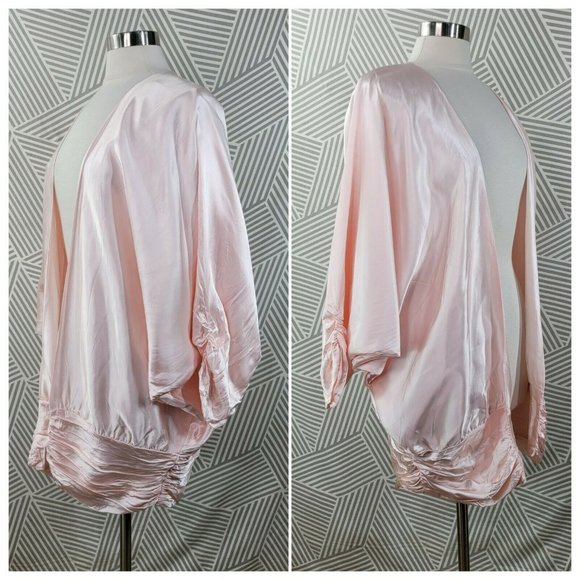 Vintage 80s Satin Jacket size 14 Silky Dolman Sleeve Womens Pink open front long - Picture 3 of 6